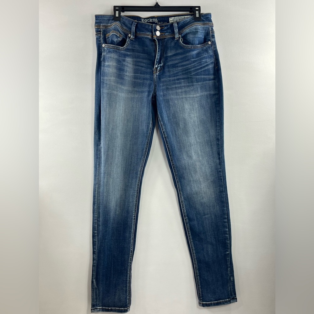 Rocks & Indigo Women’s Denim Blue Jeans Distressed Mid Rise Sz 14 W 31